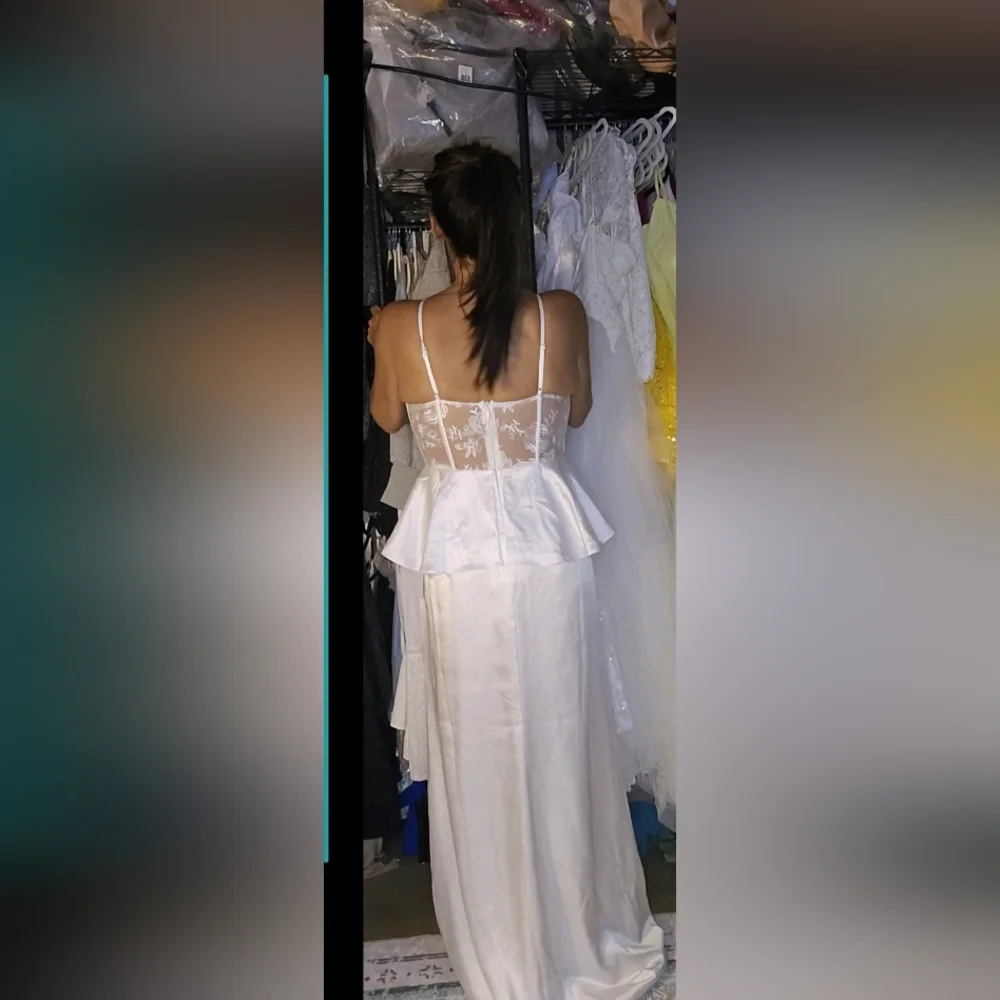 Lulus Iconic Adoration Wedding Dress New M White Satin Peplum Sheer Bustier Maxi - Picture 4 of 5